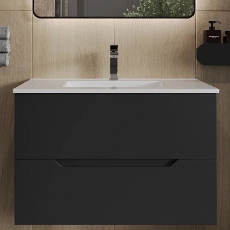 Тумба с раковиной Orange Line Li-70Tub+Ra, 70 см, подвесная, цвет черный матовый Soft Touch
