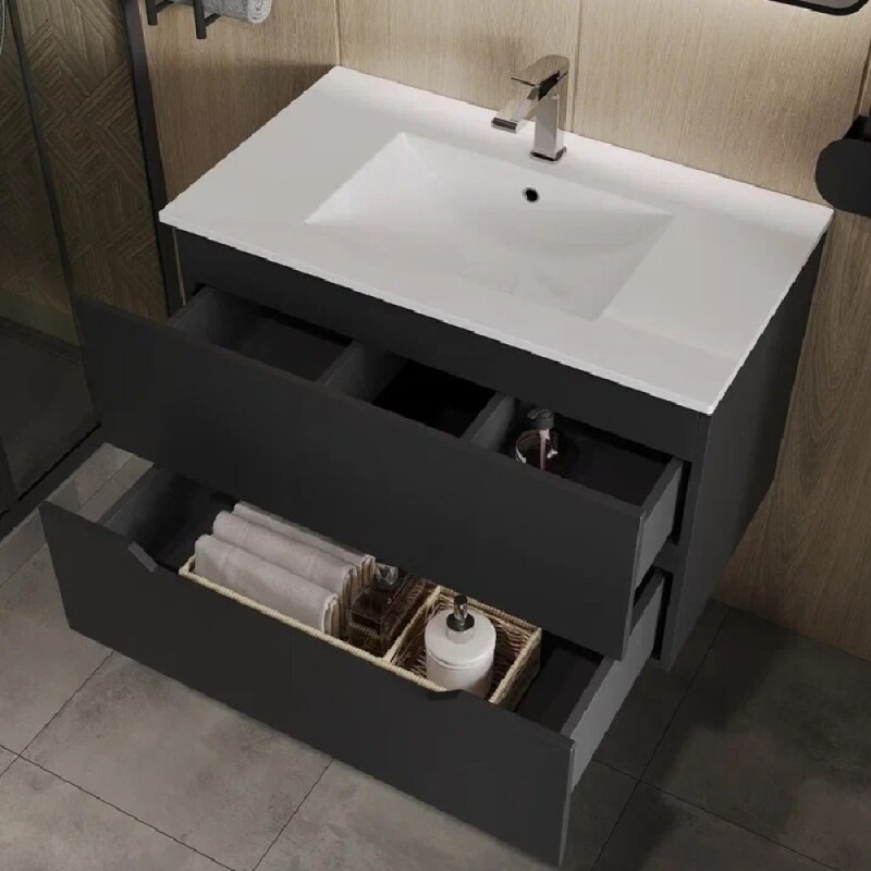 Тумба с раковиной Orange Line Li-70Tub+Ra, 70 см, подвесная, цвет черный матовый Soft Touch