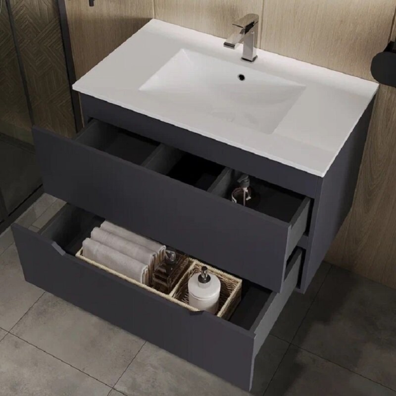 Тумба с раковиной Orange Line Li-70Tug+Ra, 70 см, подвесная, цвет графит матовый Soft Touch