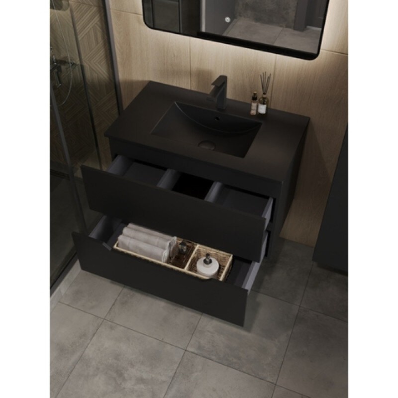 Тумба с раковиной Orange Line Li-80Tub+BLRA, 80 см, подвесная, цвет черный матовый Soft Touch