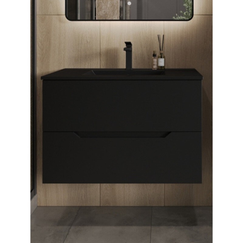 Тумба с раковиной Orange Line Li-80Tub+BLRA, 80 см, подвесная, цвет черный матовый Soft Touch