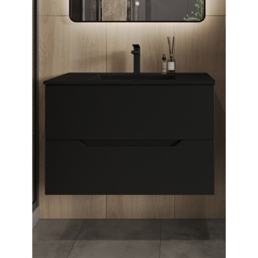 Тумба с раковиной Orange Line Li-80Tub+BLRA, 80 см, подвесная, цвет черный матовый Soft Touch