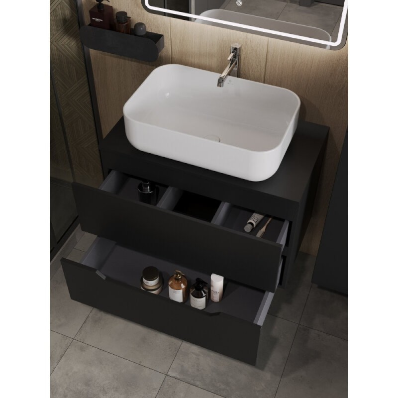 Тумба с раковиной Orange Line Li-80TubMDF+B03-600W, 80 см, подвесная, цвет черный матовый Soft Touch