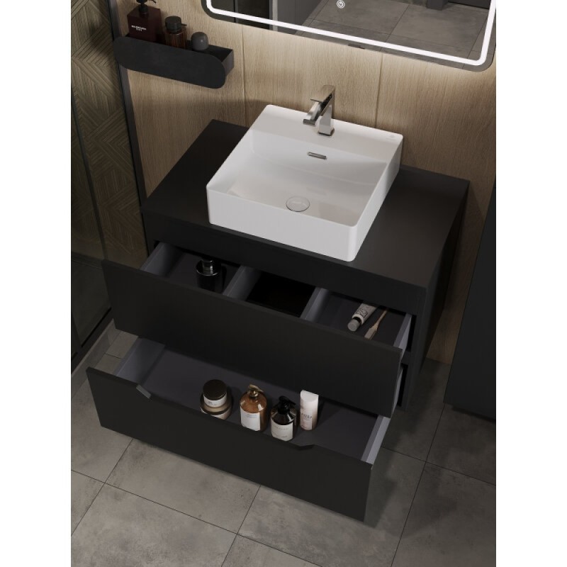 Тумба с раковиной Orange Line Li-80TubMDF+B04-405W, 80 см, подвесная, цвет черный матовый Soft Touch