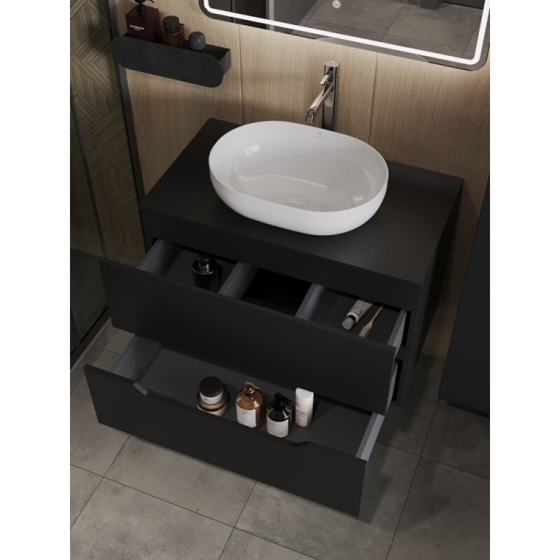 Тумба с раковиной Orange Line Li-80TubMDF+B05-480W, 80 см, подвесная, цвет черный матовый Soft Touch