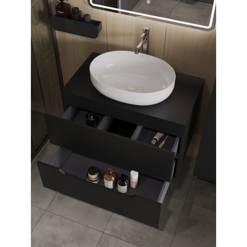 Тумба с раковиной Orange Line Li-80TubMDF+B05-520W, 80 см, подвесная, цвет черный матовый Soft Touch