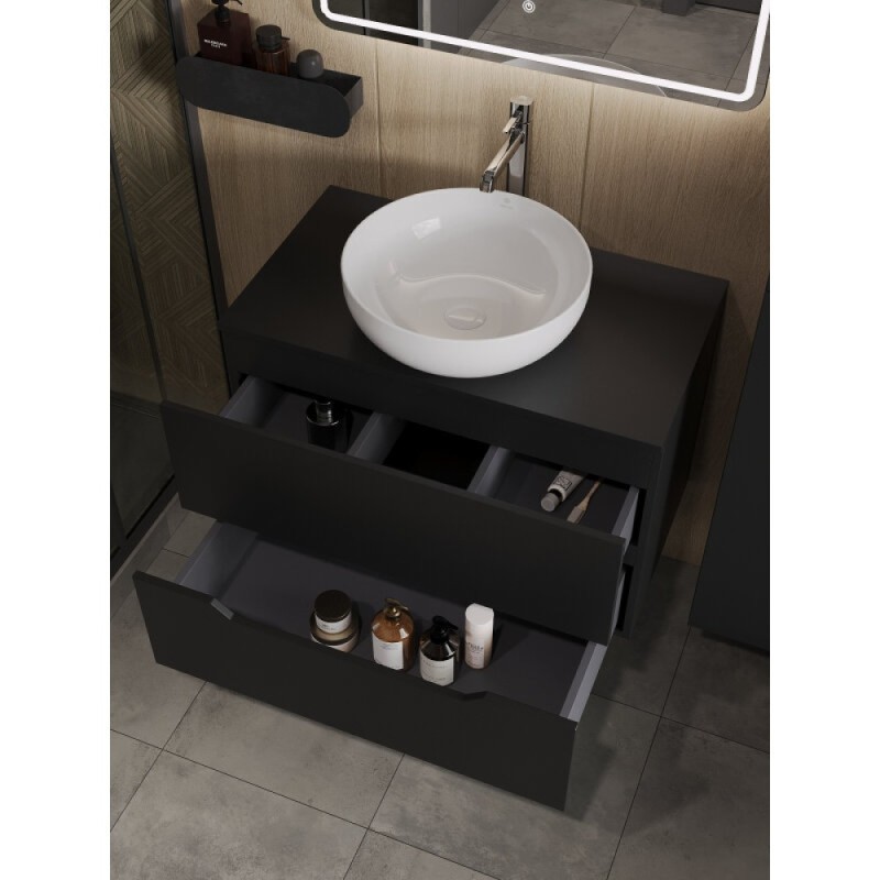 Тумба с раковиной Orange Line Li-80TubMDF+B07-420W, 80 см, подвесная, цвет черный матовый Soft Touch