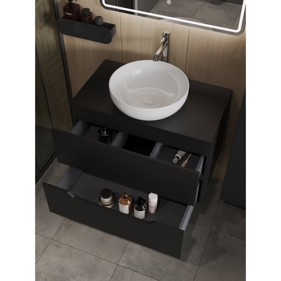 Тумба с раковиной Orange Line Li-80TubMDF+B07-420W, 80 см, подвесная, цвет черный матовый Soft Touch