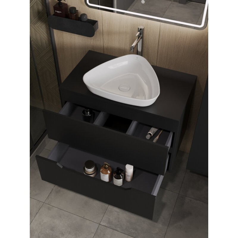 Тумба с раковиной Orange Line Li-80TubMDF+B07-500W, 80 см, подвесная, цвет черный матовый Soft Touch