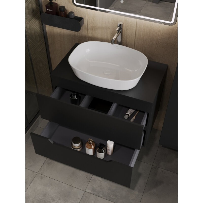 Тумба с раковиной Orange Line Li-80TubMDF+B08-500W, 80 см, подвесная, цвет черный матовый Soft Touch
