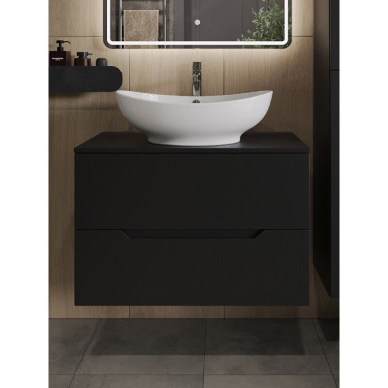 Тумба с раковиной Orange Line Li-80TubMDF+B08-585W, 80 см, подвесная, цвет черный матовый Soft Touch