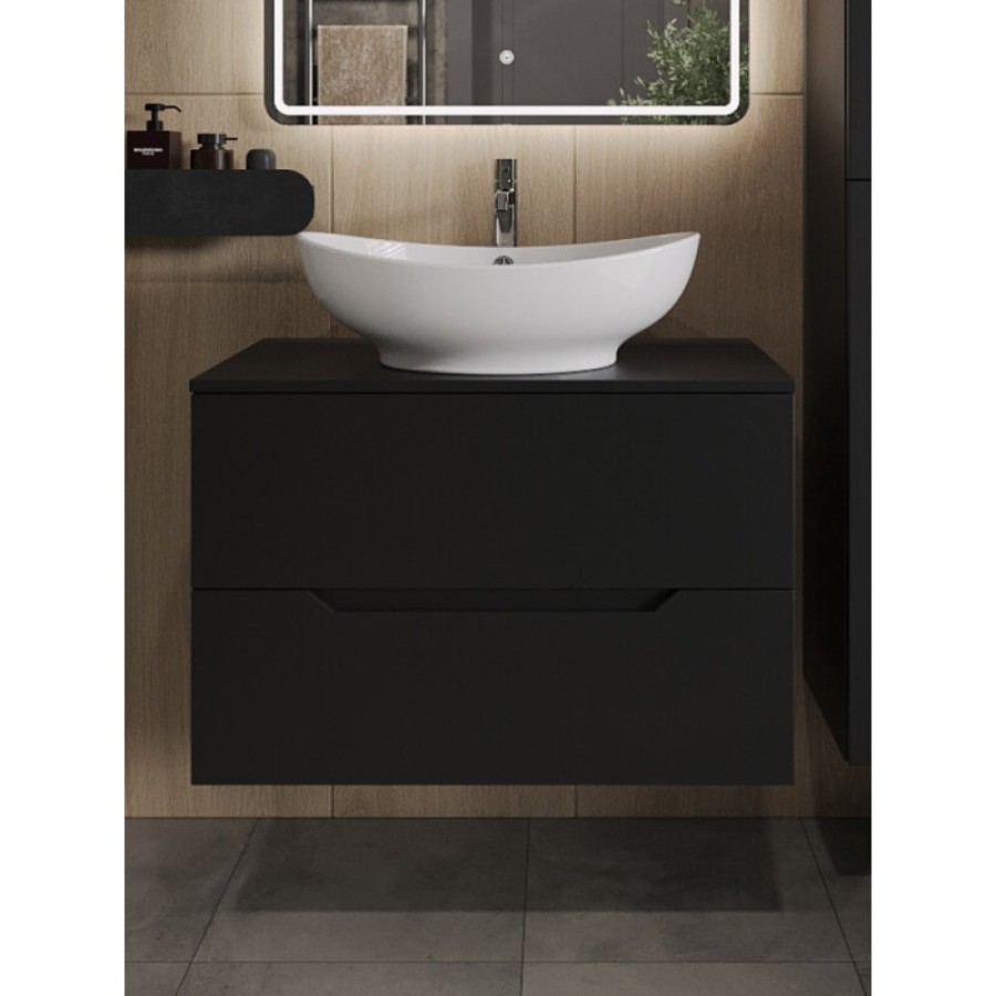 Тумба с раковиной Orange Line Li-80TubMDF+B08-585W, 80 см, подвесная, цвет черный матовый Soft Touch