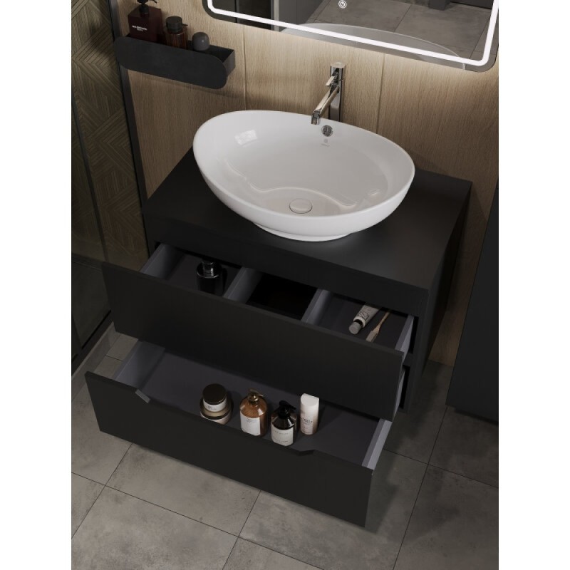 Тумба с раковиной Orange Line Li-80TubMDF+B08-585W, 80 см, подвесная, цвет черный матовый Soft Touch