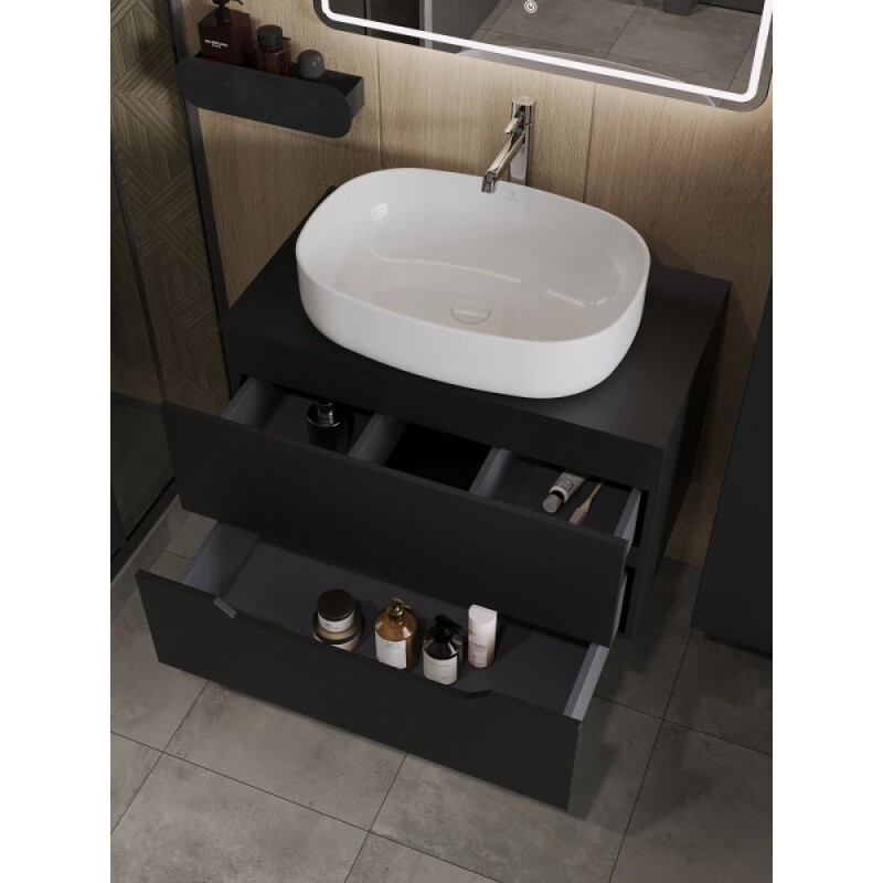 Тумба с раковиной Orange Line Li-80TubMDF+B08-600W, 80 см, подвесная, цвет черный матовый Soft Touch