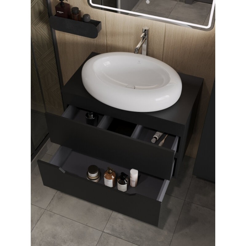 Тумба с раковиной Orange Line Li-80TubMDF+B08-640W, 80 см, подвесная, цвет черный матовый Soft Touch