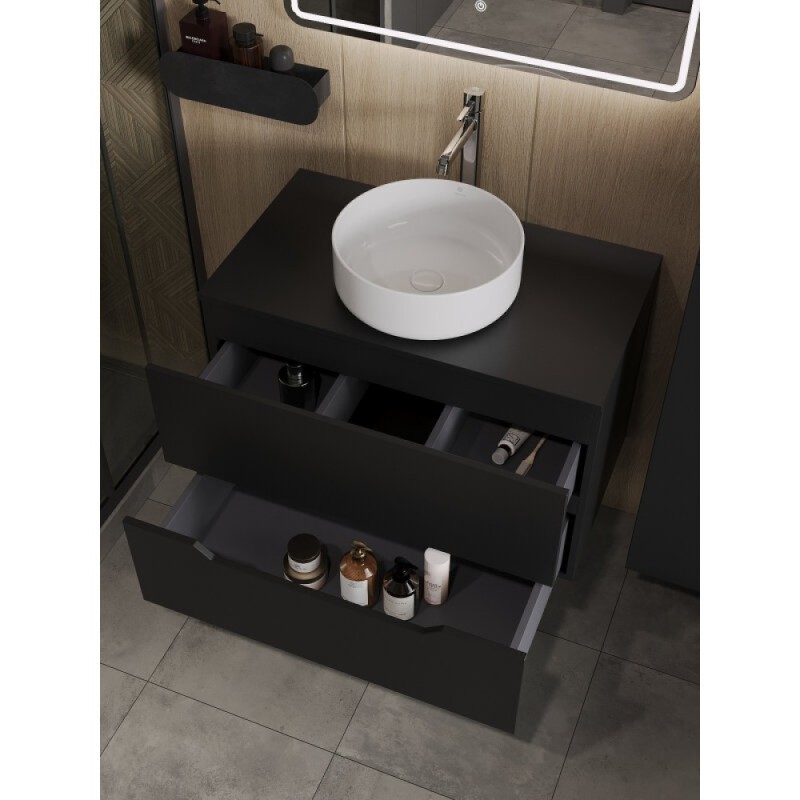 Тумба с раковиной Orange Line Li-80TubMDF+B09-360W, 80 см, подвесная, цвет черный матовый Soft Touch