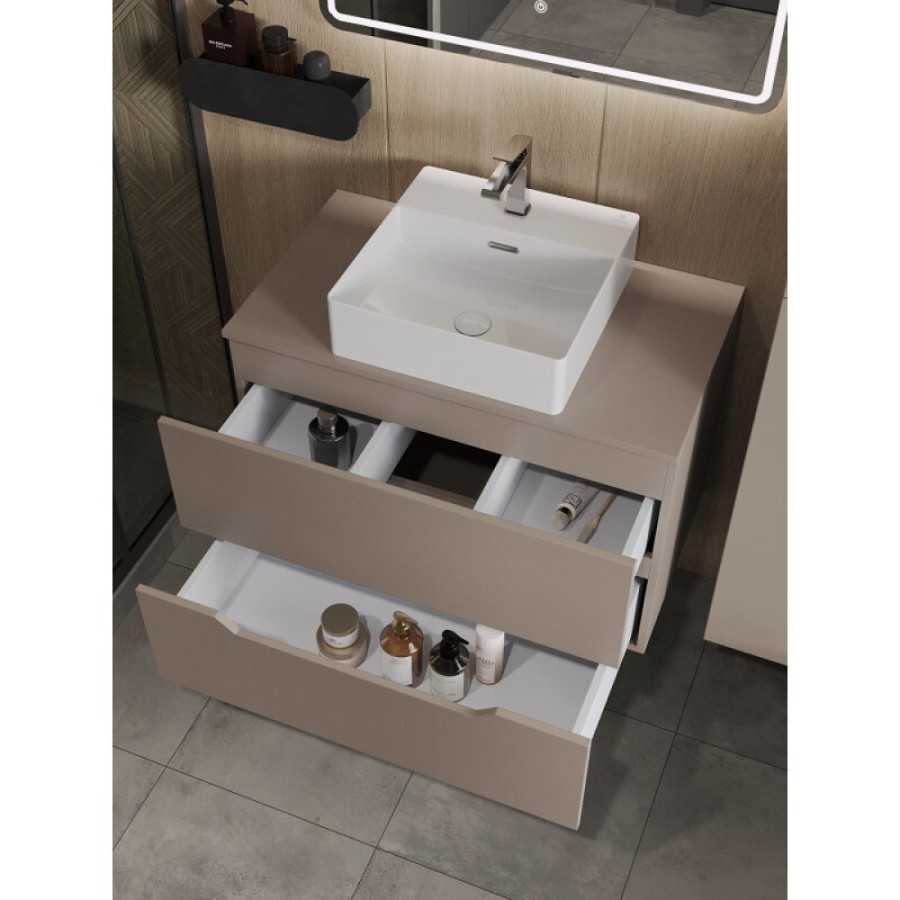 Тумба с раковиной Orange Line Li-80TuLMDF+B04-405W, 80 см, подвесная, цвет латте матовый Soft Touch