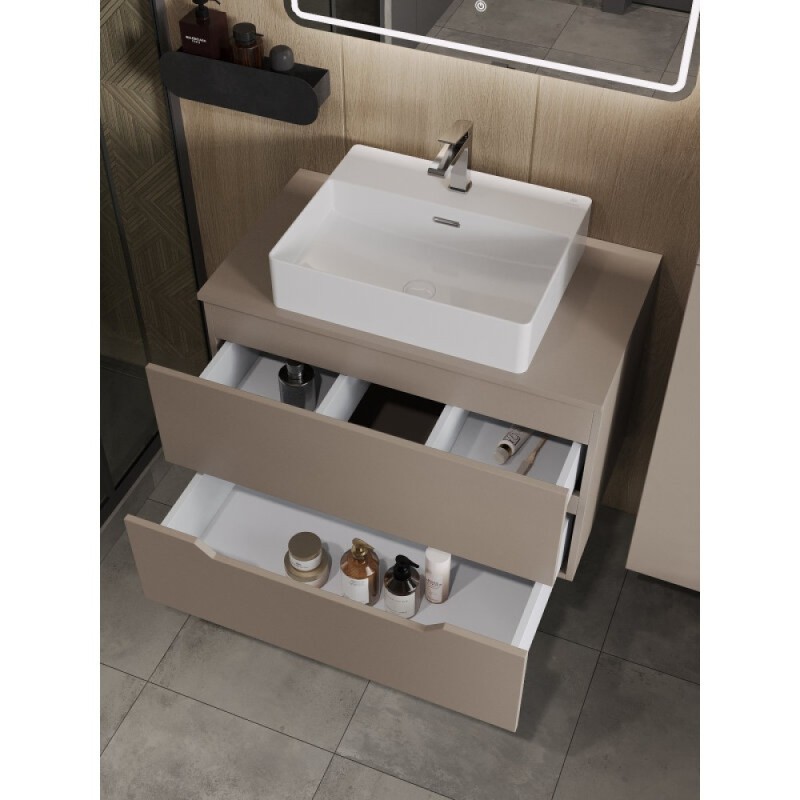 Тумба с раковиной Orange Line Li-80TuLMDF+B04-500W, 80 см, подвесная, цвет латте матовый Soft Touch