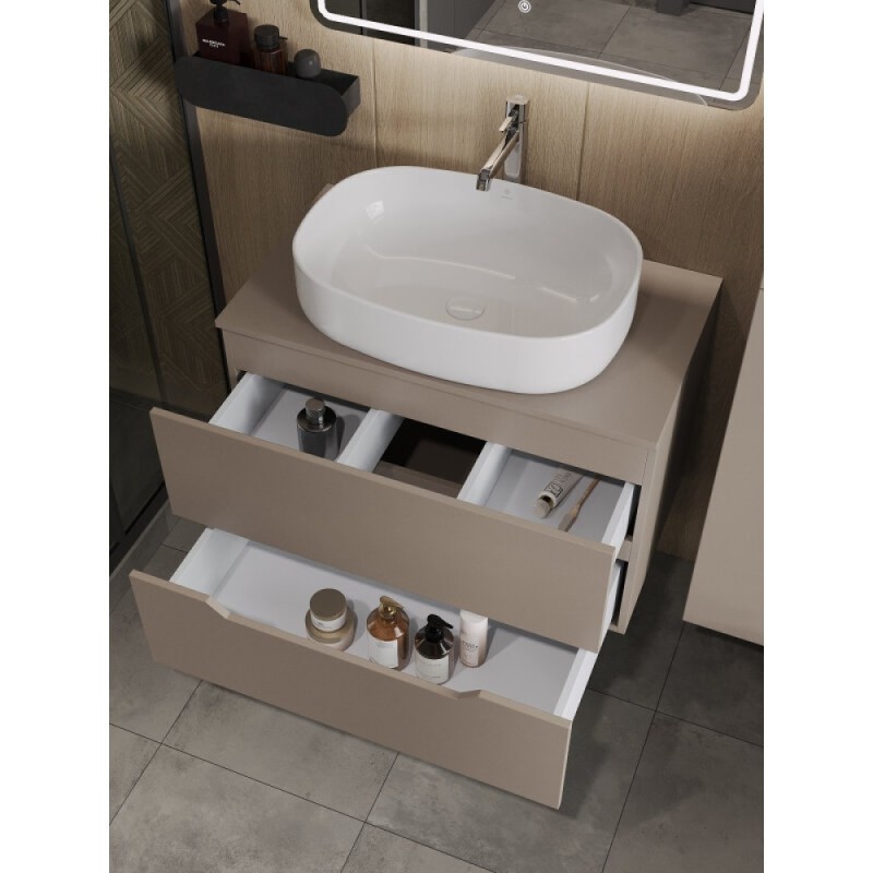 Тумба с раковиной Orange Line Li-80TuLMDF+B04-600W, 80 см, подвесная, цвет латте матовый Soft Touch