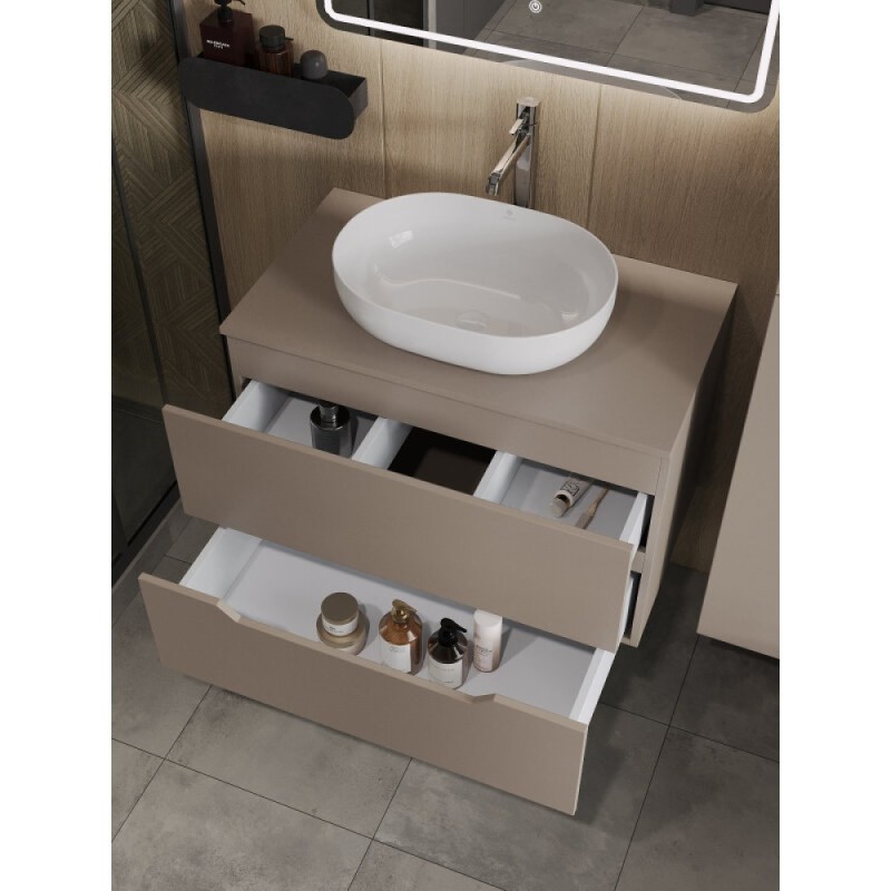 Тумба с раковиной Orange Line Li-80TuLMDF+B05-480W, 80 см, подвесная, цвет латте матовый Soft Touch