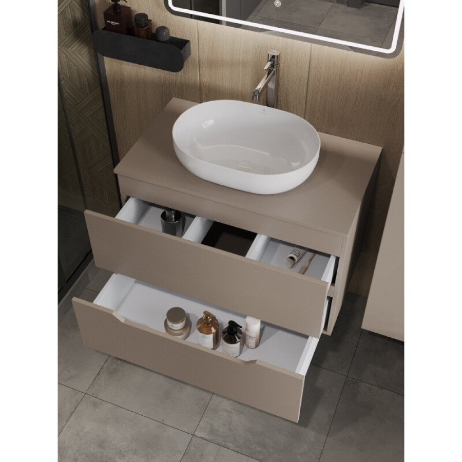 Тумба с раковиной Orange Line Li-80TuLMDF+B05-480W, 80 см, подвесная, цвет латте матовый Soft Touch