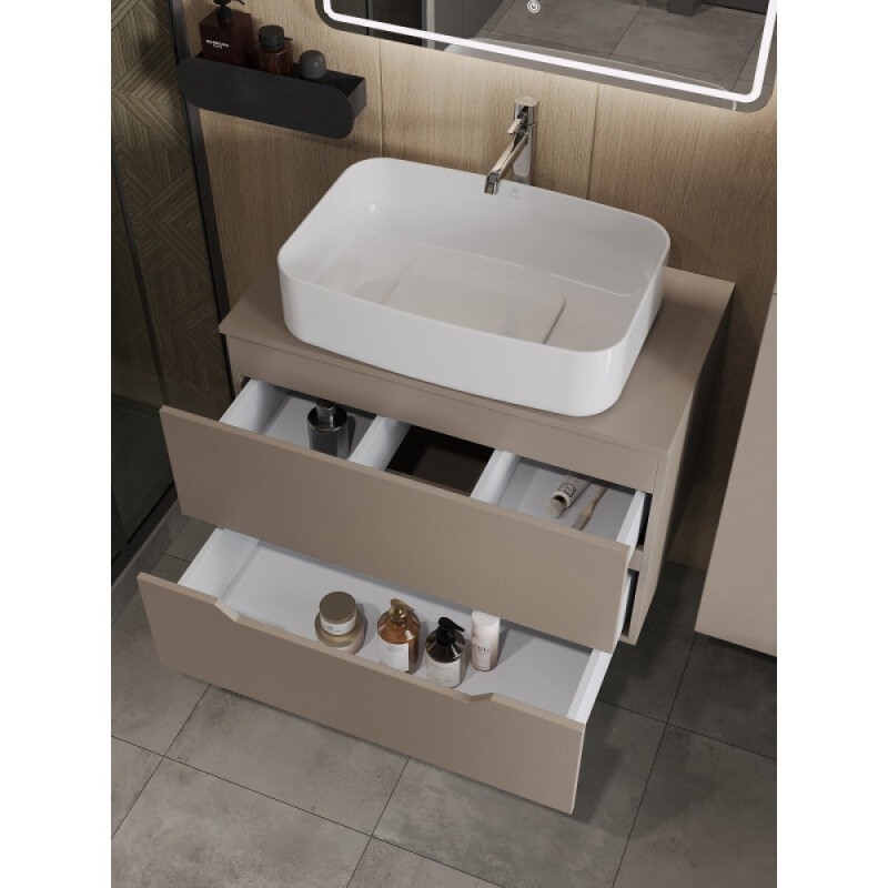 Тумба с раковиной Orange Line Li-80TuLMDF+B07-600W, 80 см, подвесная, цвет латте матовый Soft Touch