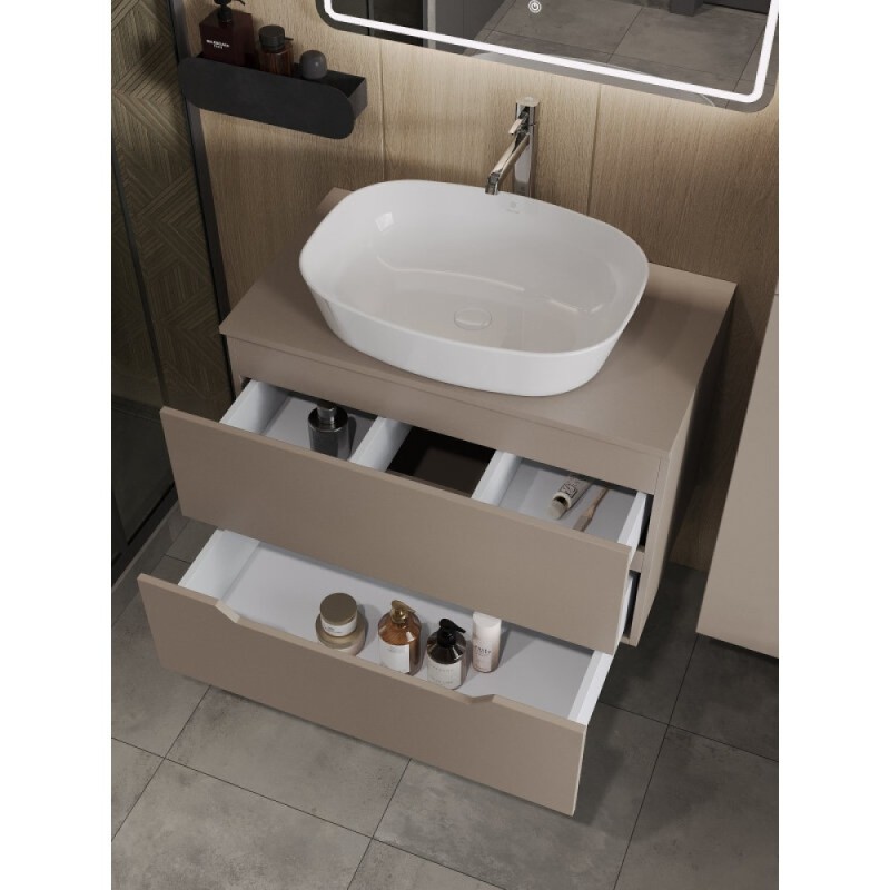 Тумба с раковиной Orange Line Li-80TuLMDF+B08-500W, 80 см, подвесная, цвет латте матовый Soft Touch