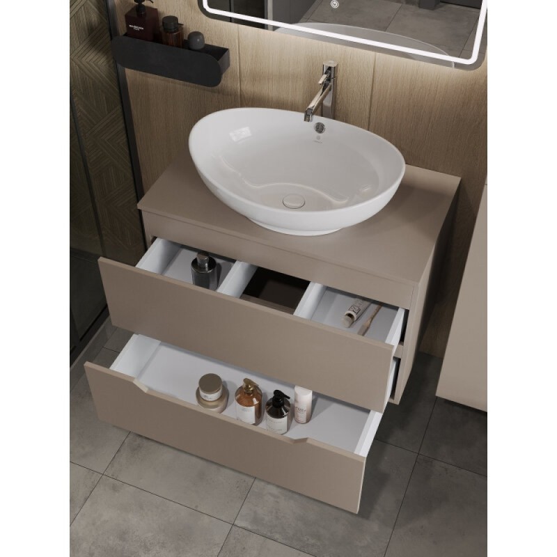 Тумба с раковиной Orange Line Li-80TuLMDF+B08-585W, 80 см, подвесная, цвет латте матовый Soft Touch