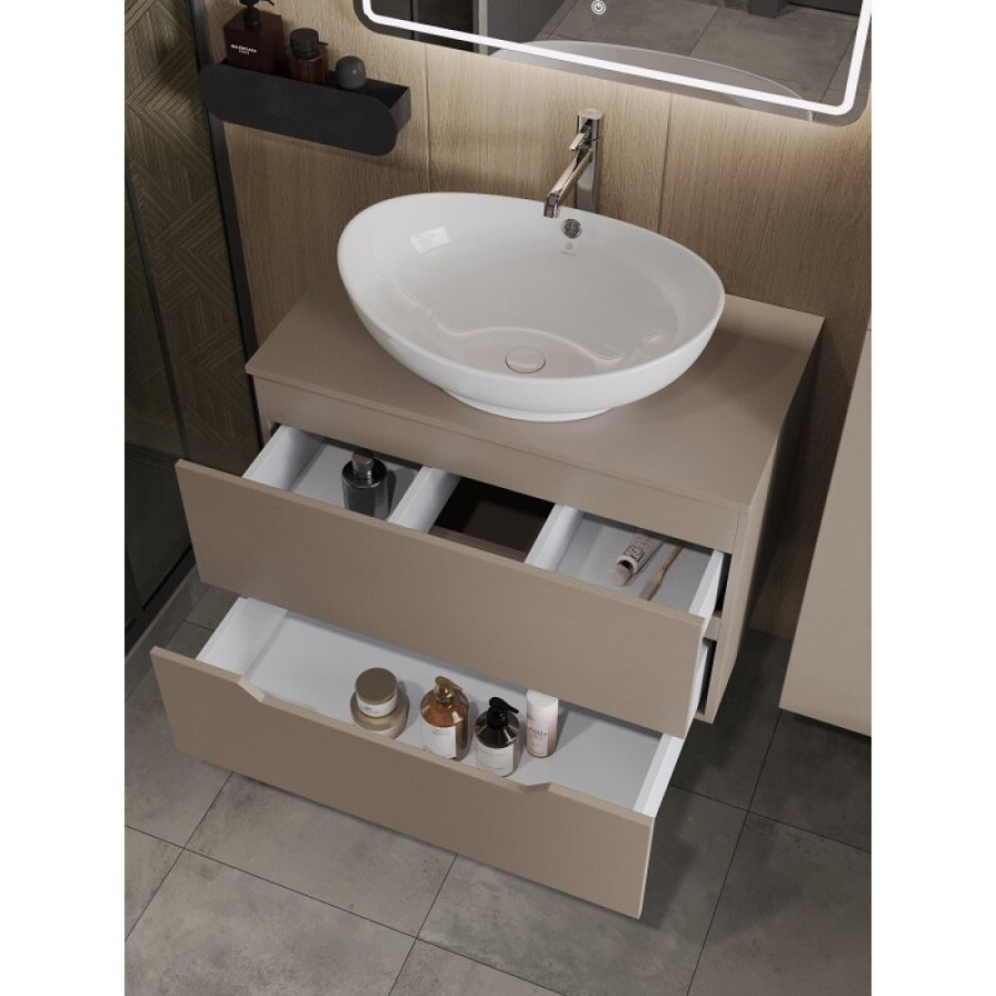 Тумба с раковиной Orange Line Li-80TuLMDF+B08-585W, 80 см, подвесная, цвет латте матовый Soft Touch
