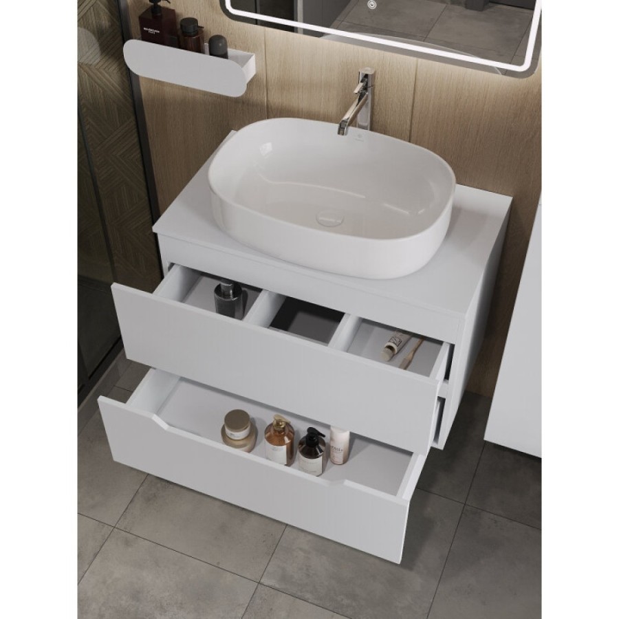 Тумба с раковиной Orange Line Li-80TuwMDF+B04-600W, 80 см, подвесная, цвет белый матовый Soft Touch