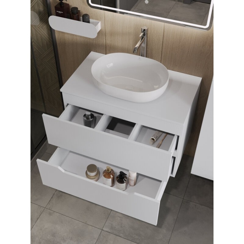 Тумба с раковиной Orange Line Li-80TuwMDF+B05-480W, 80 см, подвесная, цвет белый матовый Soft Touch