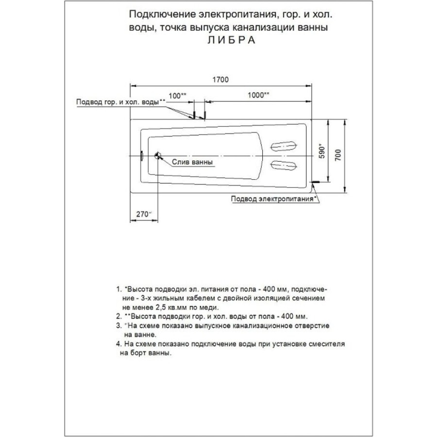 Акриловая ванна Aquatek Либра LIB170-0000088, 170 х 70 см, белая