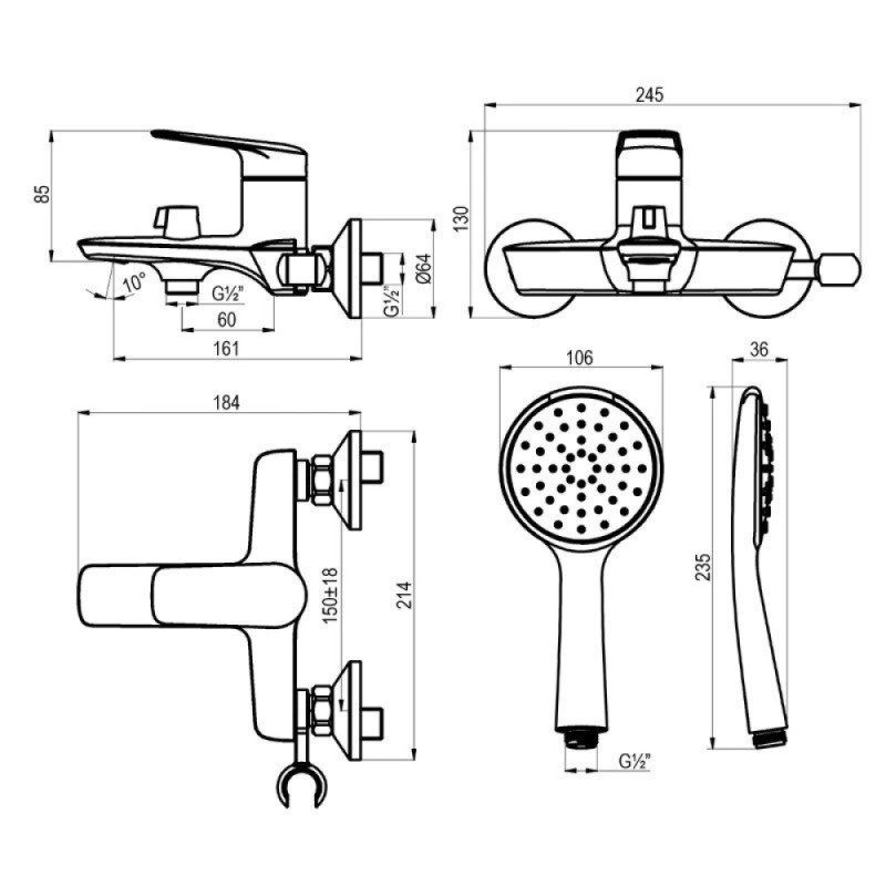 Смеситель для ванны и душа Lemark Verba LM11414C, с душевым гарнитуром, хром