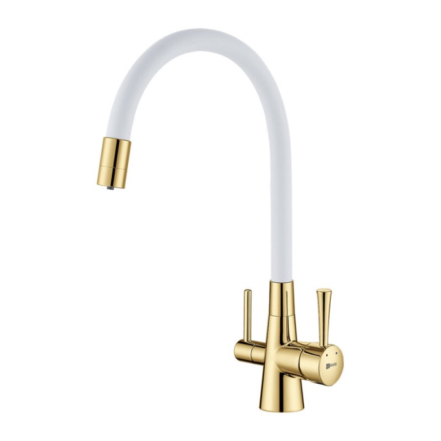 Смеситель Lemark Comfort LM3075G-White для кухонной мойки, с подключением к фильтру питьевой воды, золото/белый