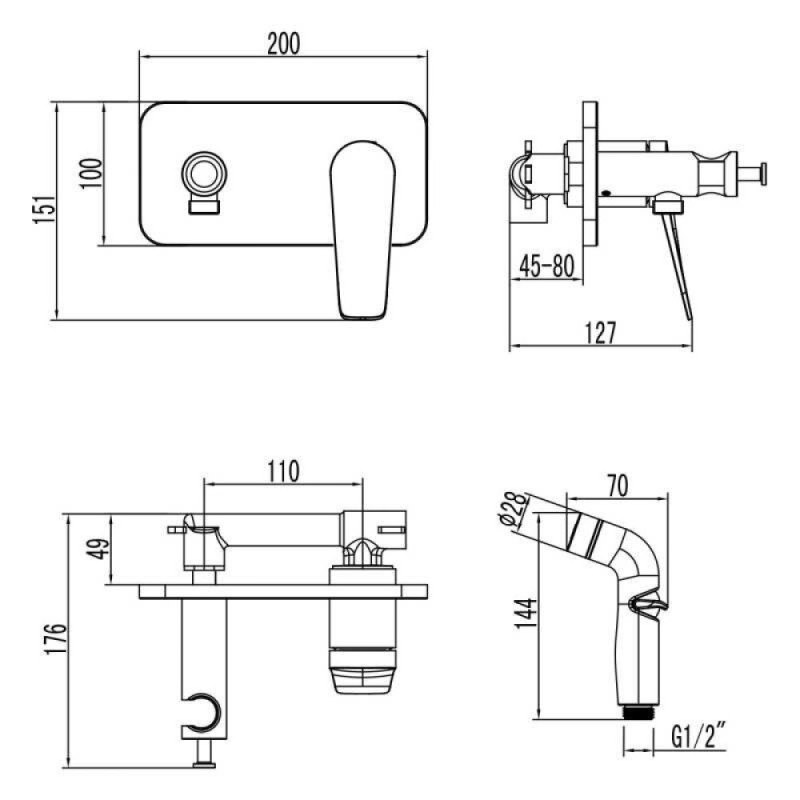 Смеситель Lemark Bronx LM3720GM с гигиеническим душем, встраиваемый, графит
