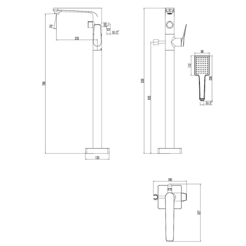 Смеситель напольный Lemark Bronx LM3744GM, для ванны, с душевым гарнитуром, графит