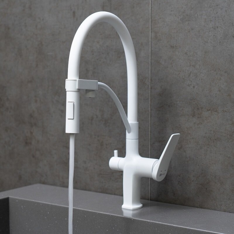 Смеситель для кухонной мойки Lemark Bronx LM3761MW, с подключением к фильтру, белый матовый