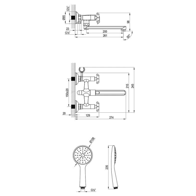 Смеситель для ванны и душа Lemark Practica LM7513C, с душевым гарнитуром, хром