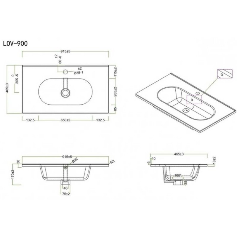 Раковина керамическая BelBagno LOV-900-LVB, 91.5 x 46.5 x 17.5 см, белая