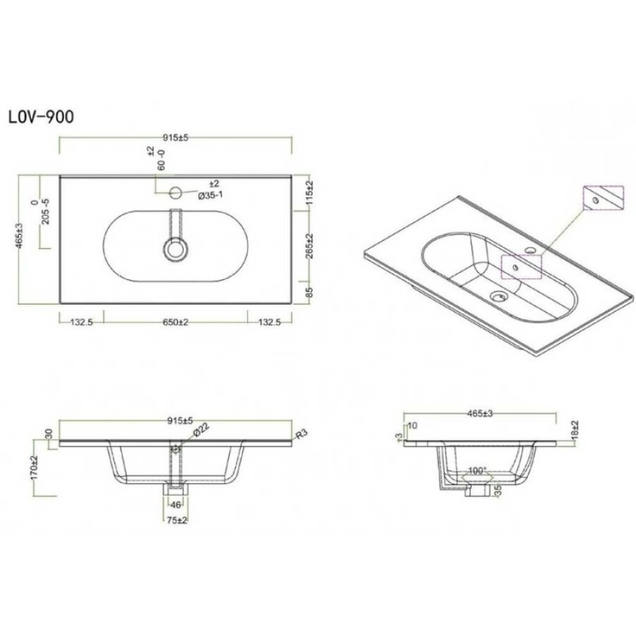 Раковина керамическая BelBagno LOV-900-LVB, 91.5 x 46.5 x 17.5 см, белая