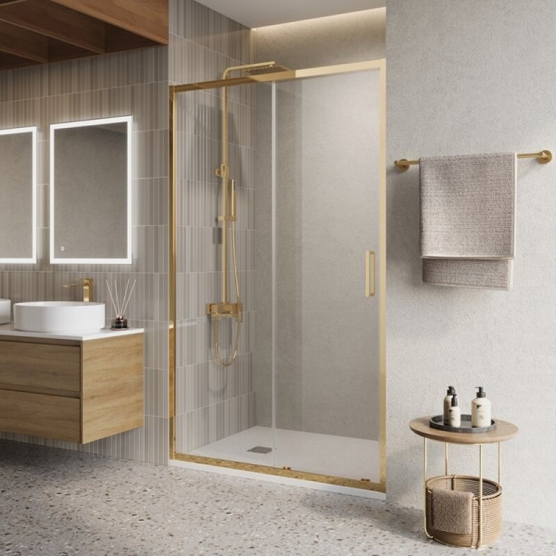 Душевая дверь BelBagno LUCE-BF-1-100-C-ORO, 100 см, стекло прозрачное, профиль золото