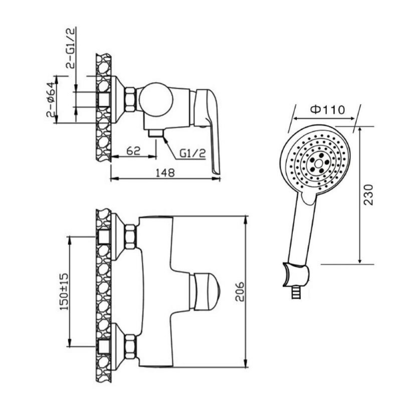Смеситель для душа Orange Tony M54-320gr, с душевым набором, графит матовый