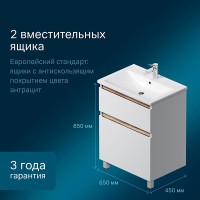 Тумба под раковину Am.Pm X-Joy M85AFSX0652WG, напольная, 65 см, 2 ящика, белый глянец