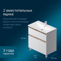 Тумба под раковину Am.Pm X-Joy M85AFSX0802WG, напольная, 80 см, 2 ящика, белый глянец