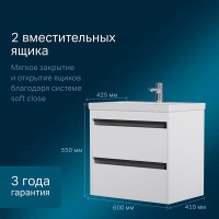 Тумба с раковиной Am.Pm Pulse, M91-FHX0602-WCC0602WG, 60 см, подвесная, белый глянец/графит
