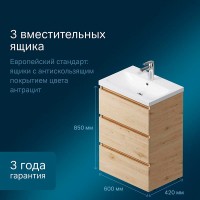 Тумба под раковину Am.Pm Gem S M91FSX0602OF, 60 см, напольная, со встроенной ступенькой для детей, цвет светлый дуб