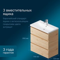 Тумба под раковину Am.Pm Gem S M91FSX0752OF, 75 см, напольная, со встроенной ступенькой для детей, цвет светлый дуб