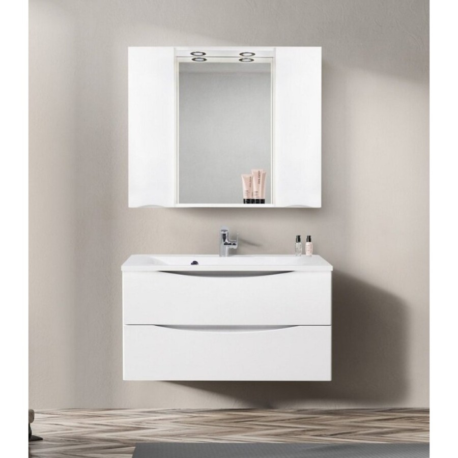 Зеркальный шкаф BelBagno Marino MARINO-SPC-1000/750-2A-BL-P, 100 х 75 см, с LED-подсветкой, Bianco Lucido - белый глянец