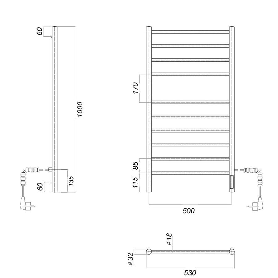 Полотенцесушитель электрический Domoterm Медея П10 500x1000 EK R, ширина 50 см, высота 100 см, подключение справа, хром