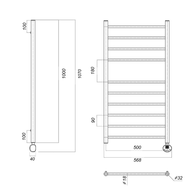 Полотенцесушитель электрический Domoterm Медея П10 500x1000 ER, ширина 50 см, высота 100 см, подключение справа, хром